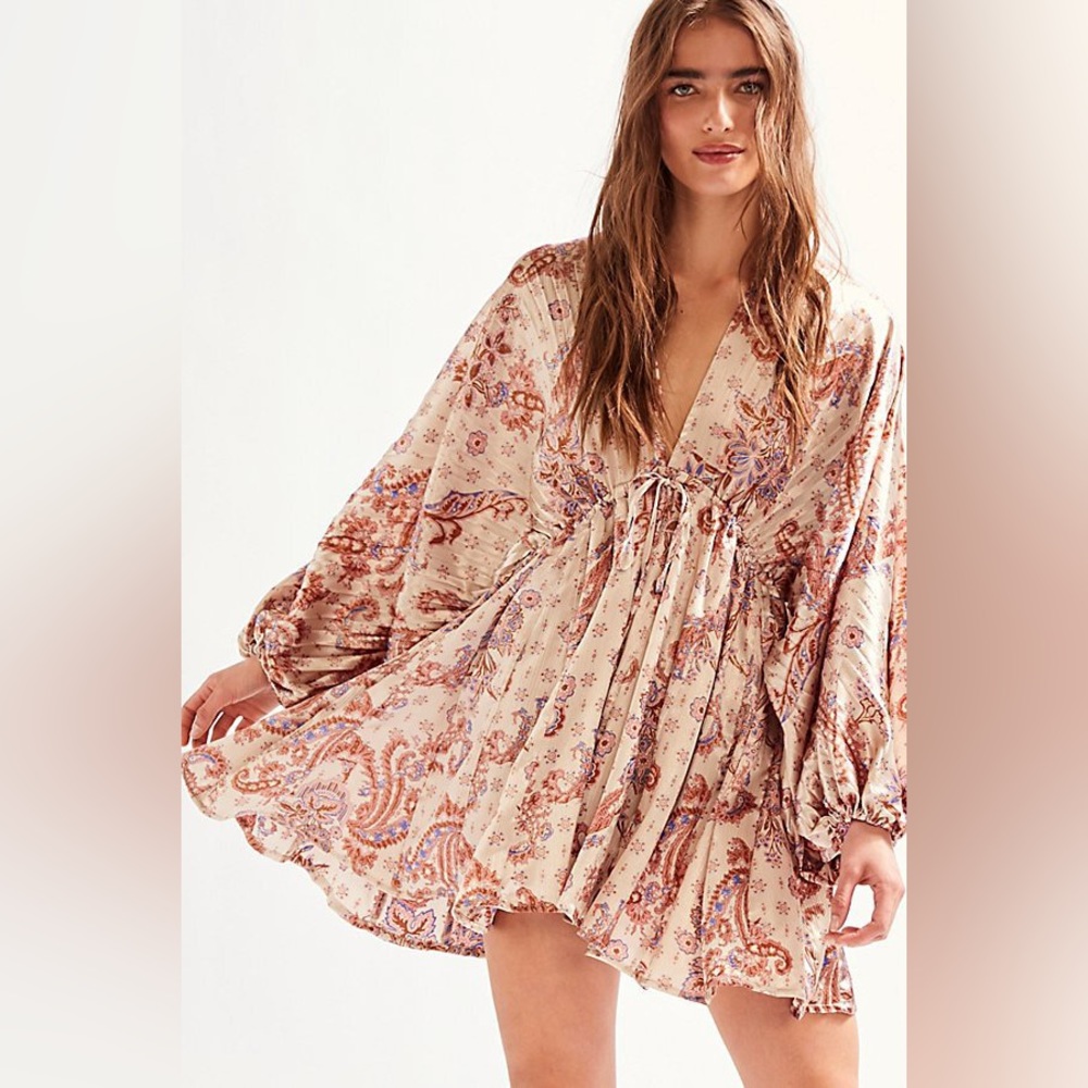 Boho Floral V-Neck Long Sleeve Mini Dress - Cream Multi